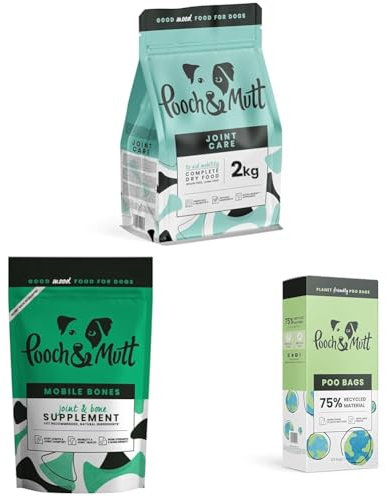 Pooch & Mutt - The Joint Care Bundle, Joint Care Dry Dog Food for Mobility Support 2kg, Mobile Bones Supplement for Dog Joints 200g, 120 Poo Bags Extra Thick Unscented Recyclable
