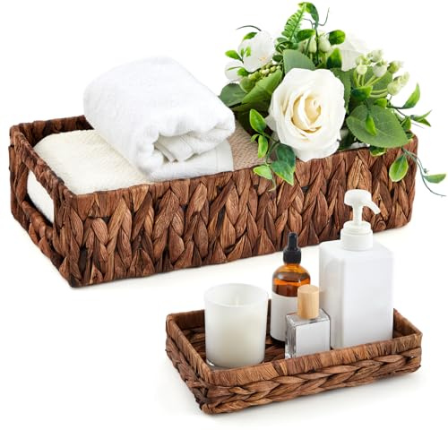 2 Pcs Toilet Paper Basket for Back of Toilet Wicker Water Hyacinth Basket Topper and Vanity Tray Set with Built-in Handles for Paper Hand Towel, Bathroom, Home, Spa(Dark Brown)