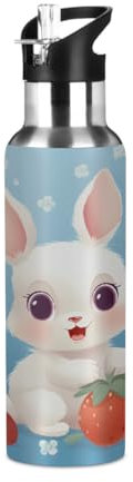 Mexpekil Rabbit Strawberry Water Bottle with Straw Cartoon Bunny Insulated Sports Stainless Steel Water Bottle Leakproof Drink Bottles for Kids Girls Boys School Running 600ml