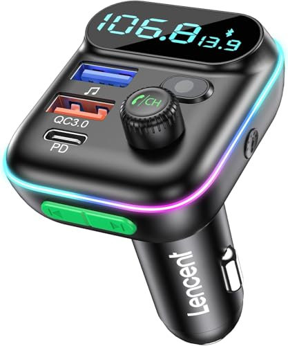 Bluetooth 5.0 Auto FM Transmitter Adapter, PD Typ-C & QC3.0 Auto Schnellladung Ladegerät mit USB Anschlüsse, Freisprechanlage Telefonieren, LED-Licht Hi-Fi Musik MP3 Unterstützung U-Disk