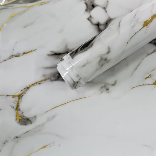 TOTIO 80x400CM Selbstklebende Marmor Klebefolie Hochglanz Weiß Gold klebefolie marmor möbel vinyl glänzend Schrankfolie Tapete Möbelfolie für Küchenarbeitsplatte Möbel Wohnzimmer