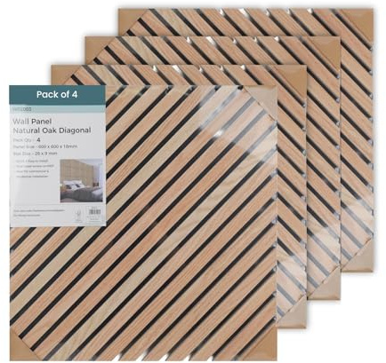 Keypak Diagonal Oak Wood Wall Panel Square 4 Pack 60x60cm Accoustic | Slatted wooden 23.5 x 23.5 panels to absord sounds and reduce noise