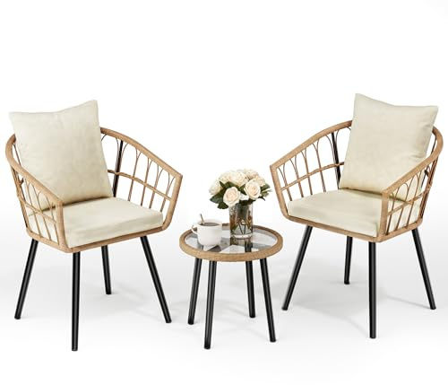 Pamapic Balkonset, 3-teiliges Rattan Balkonmöbel Set, Bistrotisch mit 2 Stühlen & Abnehmbaren Kissen, Gartenmöbel Set für Balkon, Terrasse, Veranda, Outdoor, Beige