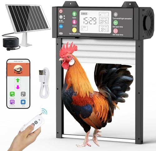 Porta Pollaio Automatica Solare Alluminio, Porta Elettrica Sensore Crepuscolare, Timer, WiFi & App, Sistema Anti-pizzicamento, Schermo LCD, Telecomando e Batteria 4000mAh