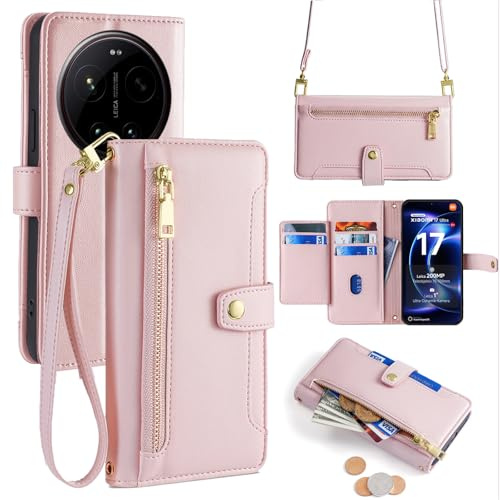 betterfon Handyhülle mit Portemonnaie für Xiaomi 17 Ultra - Tasche mit Reißverschluss, 5 Kartenfächer und 2 abnehmbare Ketten, Rosa