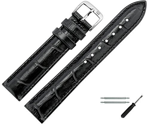 MARBURGER Uhrenarmband 12mm Leder Schwarz Silber Alligator Prägung Mit Naht - Montage Set 1431210000120