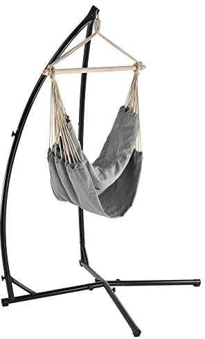 casa.pro Hängesessel mit Gestell XXL Hängestuhl 2 Personen bis 130 kg Baumwolle Hängematte 360° Swivel Hängeschaukel Grau