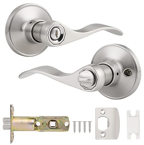 Probrico Internal Door Handle with Lock, Privacy Bathroom Door Lock with Thumb Turn Inside (No Keys), Bedroom Door Lever Lock, Brushed Nickel Interior Lockset, 1 Pack