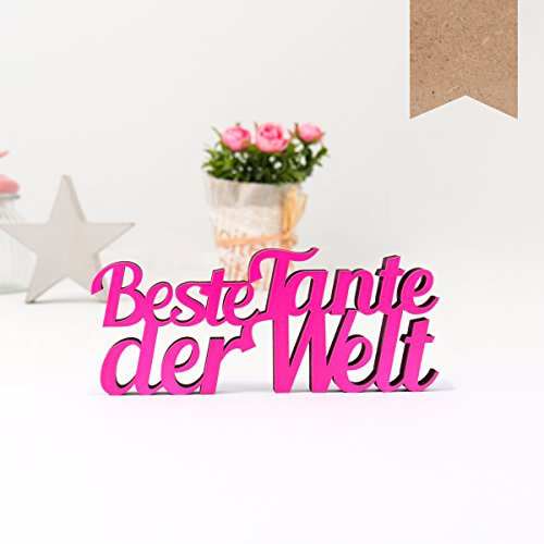 KLEINLAUT 3D-Schriftzug Beste Tante der Welt in Größe: 10 x 4,2 cm - Dekobuchstaben - 32 Farben zur Wahl - Natur (Holz)