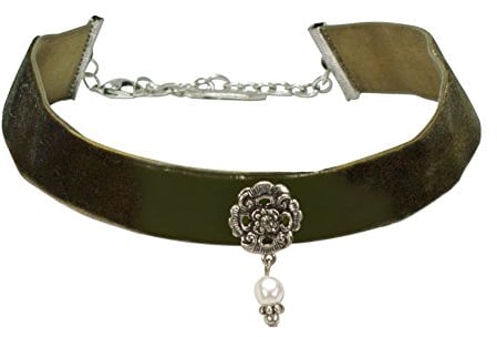 Alpenflüstern Trachten-Samt-Kropfband Elfrida mit Ornament und Perle - nostalgische Trachtenkette enganliegend, Kropfkette elastisch, Damen-Trachtenschmuck, Samtkropfband breit (grün) DHK168