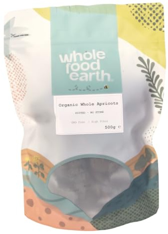 Wholefood Earth - Albicocche intere denocciolate biologiche, 500 g, senza OGM, vegane, ad alto contenuto di fibre, certificate biologiche