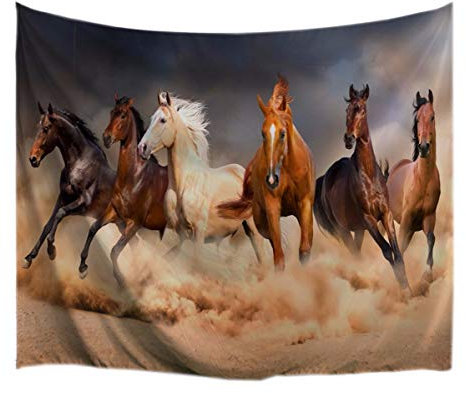 A.Monamour Wanddekor Wandteppiche Braun Khaki Farbe Hintergründe Sechs Pferd Laufen Ländlichen Land Landschaft Tier Druck Stoff Wand Hängen Tapisserie Für Schlafzimmer Wanddekoration 153X229Cm