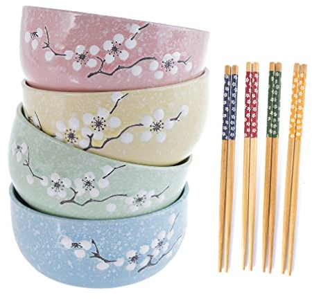 lachineuse - Coffret 4 Bols Japonais Fleurs de Cerisier Zen ⌀ 11cm - Bols à Riz, Poke Bowl, Petit Déjeuner & Soupe - 4 Paires de Baguettes - Bol Asiatique Japon Asie - Cadeau Vaisselle Japonaise