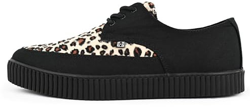 T.U.K. Pointed Creeper Sneakers - Herren und Damen Schuhe - Farbe Black Canvas and Leopard Print - Punk Goth und Rocker Style Canvas Print und Wildleder Schnürschuhe - Größe EU42