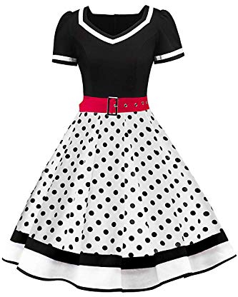 AXOE Damen 50er Jahre Kleider Rockabilly Vintage Festliches mit Abnehmbarer Gürtel A LinieWeiß Schwarz Polka Dots, Gr.46, 3XL
