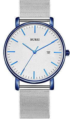 BUREI Herrenuhr Ultra Thin Minimalist Armbanduhren Mode Weißes-Zifferblatt Blaue Hands Kalenderfenster mit Edelstahl-Mesh-Band