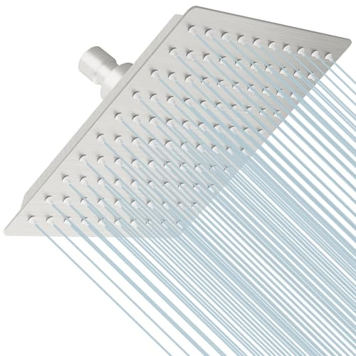 BESy 8 Inch Rain Shower Head, 8 Square Rainfall & High Pressure Stainless Steel Bath Shower Head, 1/16 Ultra Thin, Waterfall Full Body Coverage with Silicone Nozzle, Non Fingerprint Brushed Finish