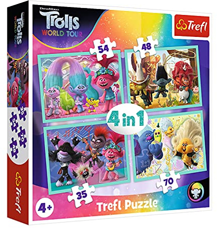Trefl 34336 World Tour, Trolls 3 von 35 bis 70 Teilen, 4 Sets, für Kinder ab 4 Jahren Puzzle