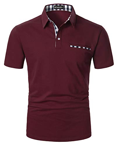 APAELEA Poloshirt Herren Kurzarm Einfarbig Freizeit Plaid Spleißen Golf T-Shirt,Weinrot,L
