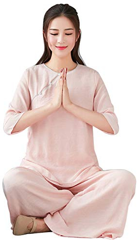 YXHUI Vêtements de Tai Chi, Vêtements Zen, Costume Femme, Printemps et été, Vêtements de Laïcs de Style Chinois, Style Chinois, Costume Tang, Service à Thé,Pink[7MinSleeve]-Large