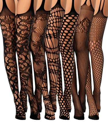 Geyoga 6 Pairs Women Fishnet Thigh High Stockings Suspender Pantyhose Lingerie Garter Belts Tights for Women Girl (Black,S,Classic Style)