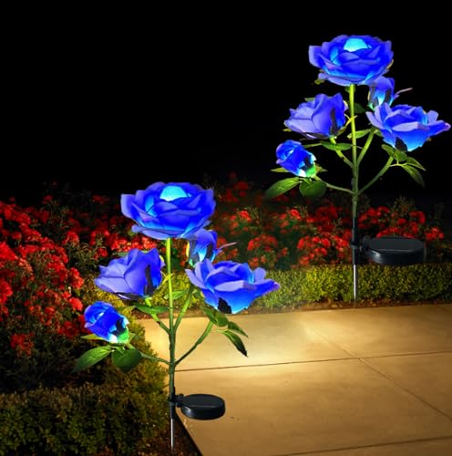 XRR Solarleuchten Garten Deko,2 Stück Solar Rose Lichter für Außen Wasserdicht Solarlampen mit 10LED, LED Solar Gartenleuchte für Garten, Büsche, Rasenflächen, Zäune,Rasen,Terrasse(Blau)