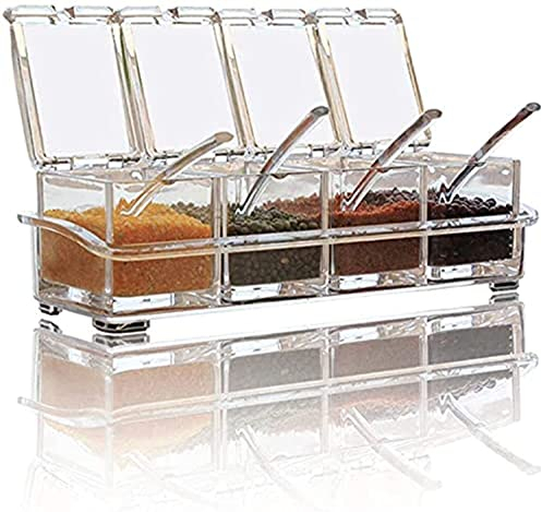RARAA 4 Kristall-Gewürzspender, Acryl, Gewürzbehälter, Gewürzbehälter, Gewürzgläser, Menage mit Deckel, Löffel, Küchenutensilien, 4-teiliges Set