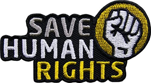 2 x Save Human Rights Patch 72 x 42 mm/Aufnäher, Aufbügler/Schutz Menschenrechte Mensch Freiheit Gleichheit Recht Asyl Arbeit Bildung Würde Ethik Bürger Sozial Staat Gewerkschaft Politik (Gelb)