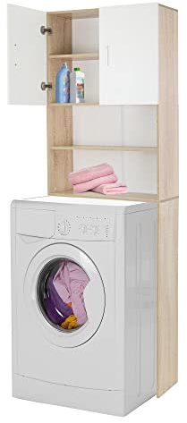 ECD Germany Waschmaschinenschrank mit 2 Türen und 2 offenen Fächern, 190x62,5 cm, Weiß/Sonoma-Eiche, Badezimmerschrank für Waschmaschine/Trockner, Hochschrank Badschrank Badregal Waschmaschinenüberbau