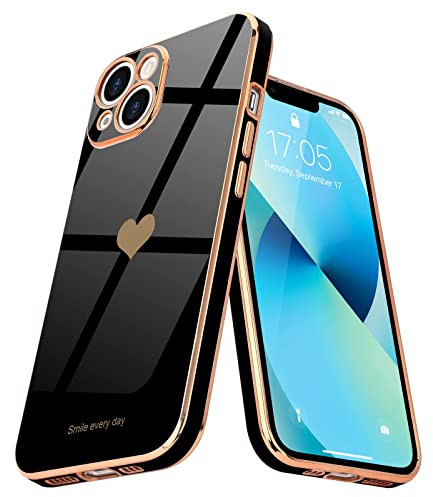 Teageo Kompatibel mit iPhone 13 Hülle, Süße Herzmuster Mädchen Handyhülle Luxuriös Galvanisierte Weich TPU Kameraschutz Kratzfest Stoßfest Schutzhülle Bumper Phone Case für iPhone 13, Schwarz