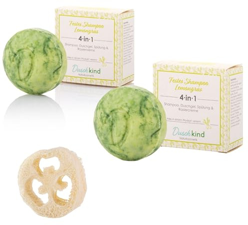 Duschkind Festes Shampoo Lemongras 4-in-1 – 2 × 56 g Set mit Luffa-Ablage – Bio-Macadamiaöl, für normales bis trockenes Haar – vegan, plastikfrei, handgemacht in Deutschland