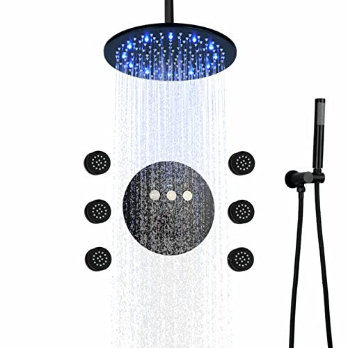 Duschsystem mit Thermostat Unterputz LED Duschkopf Regendusche 3 Funktion Duschbrause Set Unterputz Duschthermostat Duscharmatur Duscharmatur Schwarz Unterputz