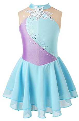 iEFiEL Mädchen Eiskunstlauf Kleid Glitzer Ballettkleid Ärmellos Ballettanzug Ballett Trikot Body mit Strass Wettbewerb Kostüm Gymnastikanzug Yb Hell Blau 146-152