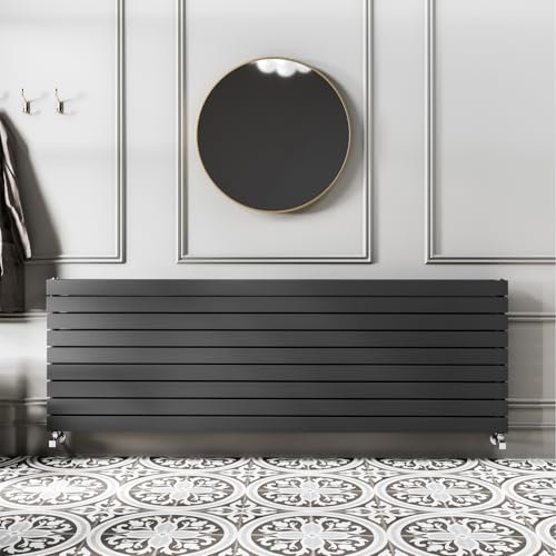 Go Bathrooms Pinta 610 x 1800mm Horizontal Radiator Anthracite Flat Panel Double Column Wall Mounted Designer Anthracite Grey Radiator Central Heating Includes Brackets