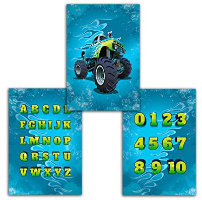 Poster-Set für Kinderzimmer Plakat Monster-Truck mit Zahlen und Buchstaben ABC für Jungen Deko für Jungszimmer Wandbilder A4 Lernposter ohne Rahmen (3-er Set)