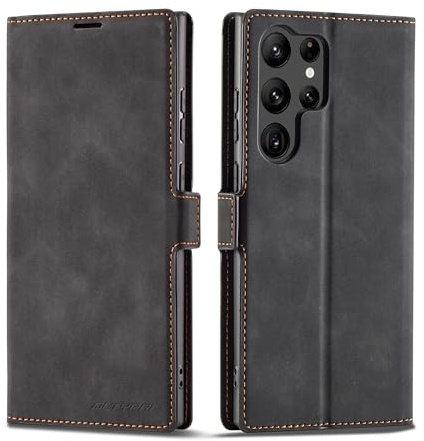 QLTYPRI Hülle für Samsung Galaxy S23 Ultra, Premium Lederhülle, Schwarz | Retro PU Leder Klapphülle, Handyhülle mit 3 Kartenfächer, Standfunktion, Weicher Dünne TPU-Rahmen, Stoßfeste Flip Wallet Case