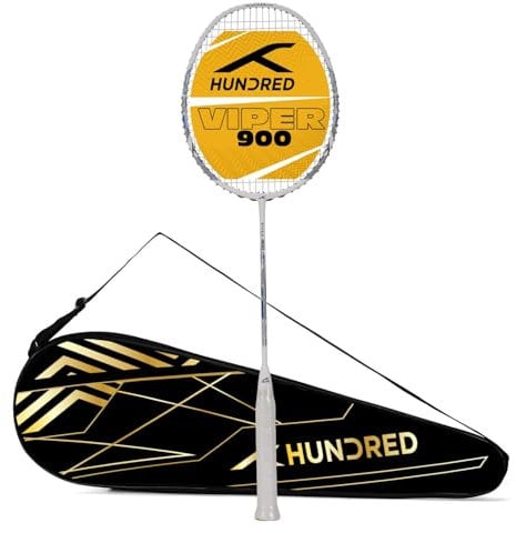 HUNDRED Viper 900 Carbon Fibre Strung Badminton Racket with Full Racket Cover (White/Blue) | for Intermediate Players | 79 Grams | Maximum String Tension - 32lbs