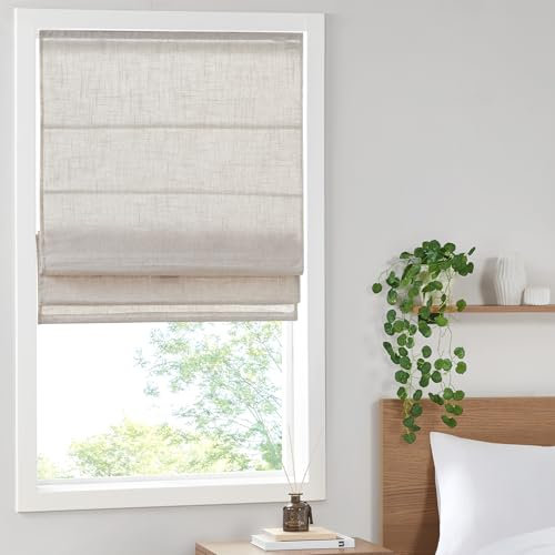 Madison Park Kyler Cordless Roman Shades - Single Panel, Lightweight Linen Blend Fabric, Natural Design, Easy Installation, Light Filtering Window Blind, Bedroom, Living Room Decor 35 x 64 Natural