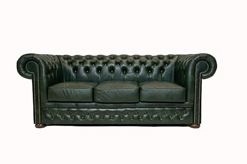 Chesterfield - 3 Sitzer Sofa | 100% Leder, handgefertigt, Original Chesterfield | Breite 200 cm | Cloudy Grün