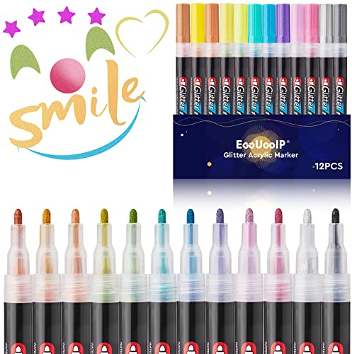 EooUooIP Acrylstifte,Metallic Marker Stifte Set,Acrylic Paint Marker,12 Farben Wasserfest Acrylstifte,Permanent Paint Acrylstifte für Glas DIY Keramik Porzellan Metall Kunststoff Holz Leinwand
