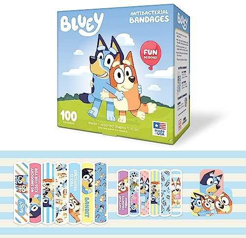 Bluey Kids Bandages, 3 Assorted Sizes 100 CT | Wear Like Stickers, Flexible Adhesive Bandages for Minor Cuts, Scrapes, and Burns. Great Gift idea and Stocking Stuffer