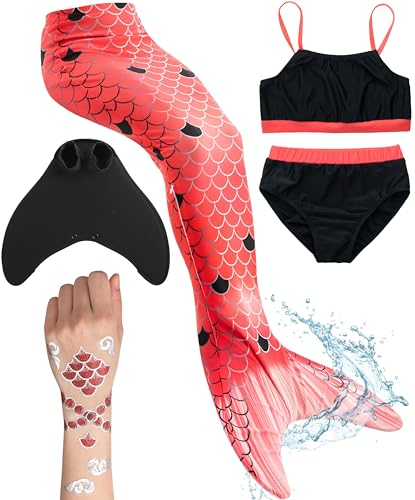 Meerjungfrauenflosse für Mädchen, Kinder, Jugendliche Schwimmfosse mit Bikini und Tattoos | rot schwarz
