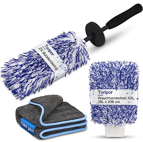 Mikrofaser Felgenbürste extra dünn, Auto Felgen Reinigung Bürste Set mit Lange Wheel Brush Waschhandschuh & Trockentuch für schonende Reinigung bis tief ins Felgenbett Profi Alufelgen Wäschen Pflege