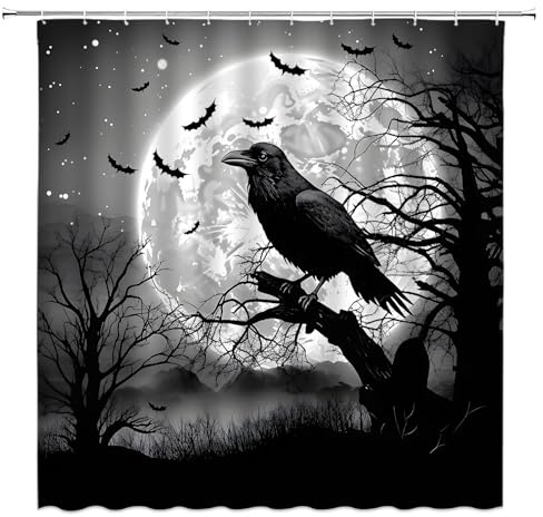 AEMBEE Halloween-Duschvorhang, Schwarze Krähenfledermäuse in gruseligem Vollmond, Nacht, Gothic, Horror, gruselig, geheimnisvoll, Stoff, dekorative Badezimmer-Vorhänge mit Haken, Grau/Schwarz