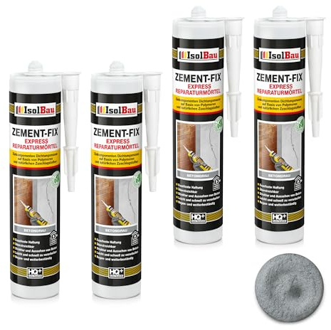 Isolbau Zement-Fix 4 x 300 ml Betongrau Express Reperaturmörtel - Dichtungsmasse für Fugen & Risse im Innen- & Außenbereich, Kartusche