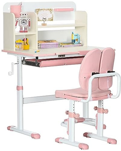 HOMCOM Kids Desk and Chair Set, Height Adjustable Kids Study Table and Chair Set with Storage Shelves, Washable Cover, Anti-Slip Mat and Tilted Desktop, for Ages 3-12 Years - Pink