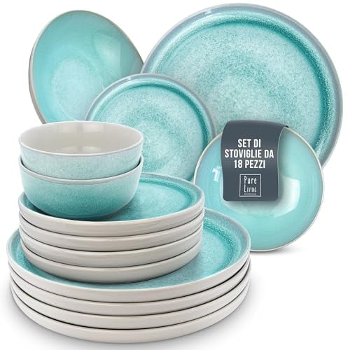 Service de Vaisselle en Grès Ibiza 18 pièces: Service de Table pour 6 Personnes, Adapté au Lave-Vaisselle et au Micro-Ondes, Pure Living turquoise, Assiettes Service de Table, Vaisselle