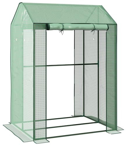 Outsunny Mini Greenhouse, Tomato Greenhouse Green House for Garden with 2 Roll-up Doors, Vent Holes and Reinforced PE Cover, 100 x 80 x 150cm, Green