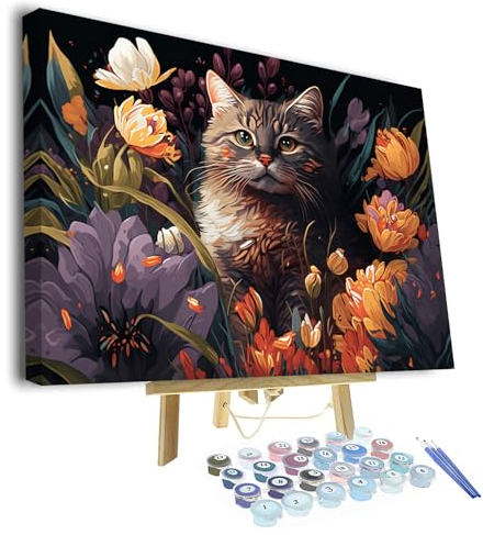 TISHIRON Animaux Peinture par Numéros pour Adultes - Chat et Fleurs à l'Huile - Bricolage Abstrait sur Toile avec Pinceaux - Artisanat pour La Maison