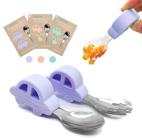 CROCOKID® Lot de couvert bebe 18 mois/Couvert dme/Cuillere apprentissage + fourchette pour bebe en forme de voiture, ergonomiques & ludiques/Repas de bébé, couverts Inox et silicone – LILA